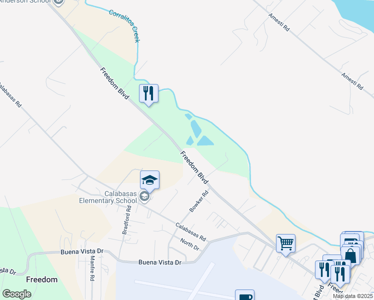map of restaurants, bars, coffee shops, grocery stores, and more near 2458 Freedom Boulevard in Watsonville