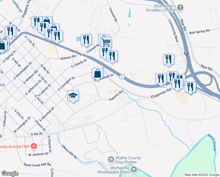 map of restaurants, bars, coffee shops, grocery stores, and more near 1047 East Marshall Street in Wytheville