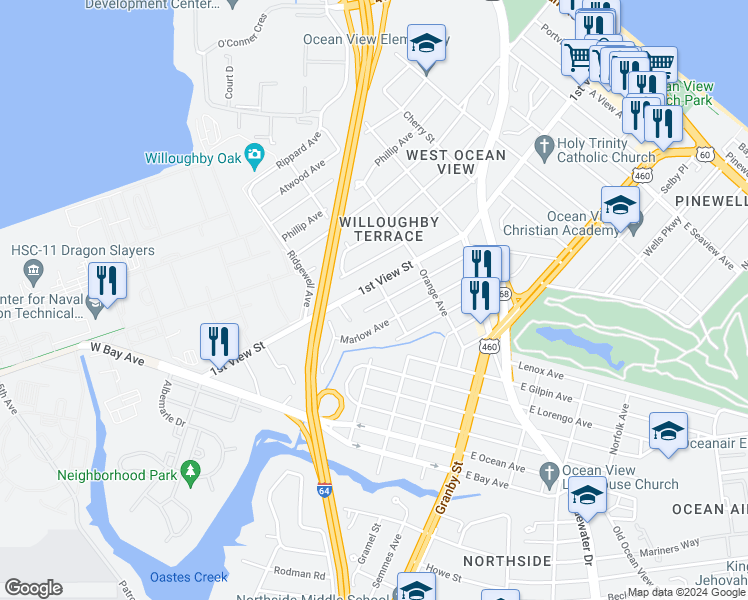 map of restaurants, bars, coffee shops, grocery stores, and more near 9247 Buckman Avenue in Norfolk