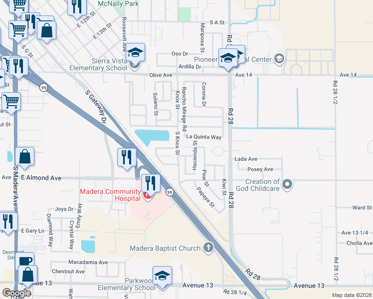map of restaurants, bars, coffee shops, grocery stores, and more near 1338 Apple Court in Madera