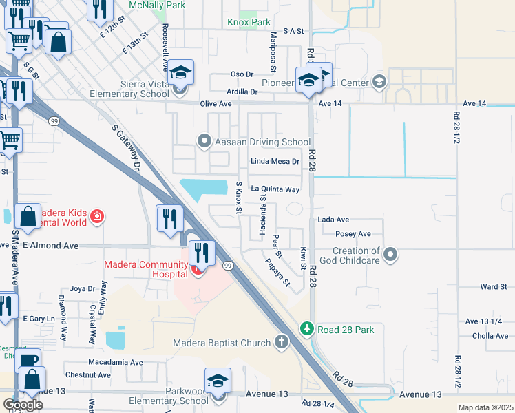 map of restaurants, bars, coffee shops, grocery stores, and more near 1358 Apple Court in Madera