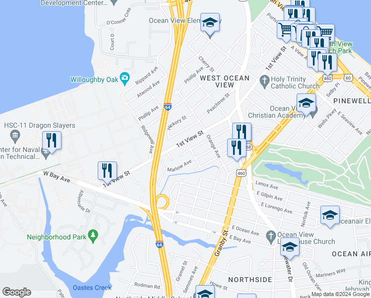 map of restaurants, bars, coffee shops, grocery stores, and more near 9251 Buckman Avenue in Norfolk