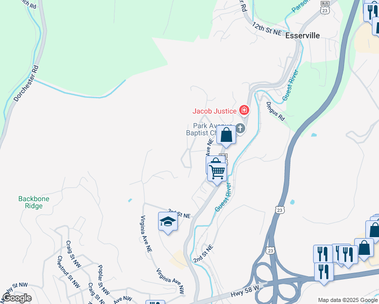 map of restaurants, bars, coffee shops, grocery stores, and more near 650 Hamner Avenue Northeast in Norton