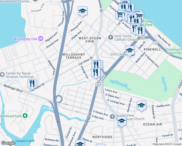 map of restaurants, bars, coffee shops, grocery stores, and more near 9330 Marlow Avenue in Norfolk