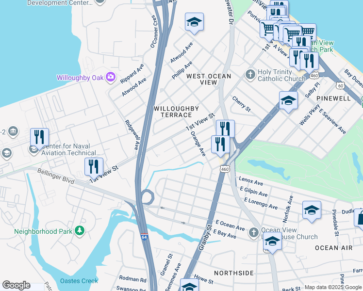 map of restaurants, bars, coffee shops, grocery stores, and more near 9268 1st View Street in Norfolk