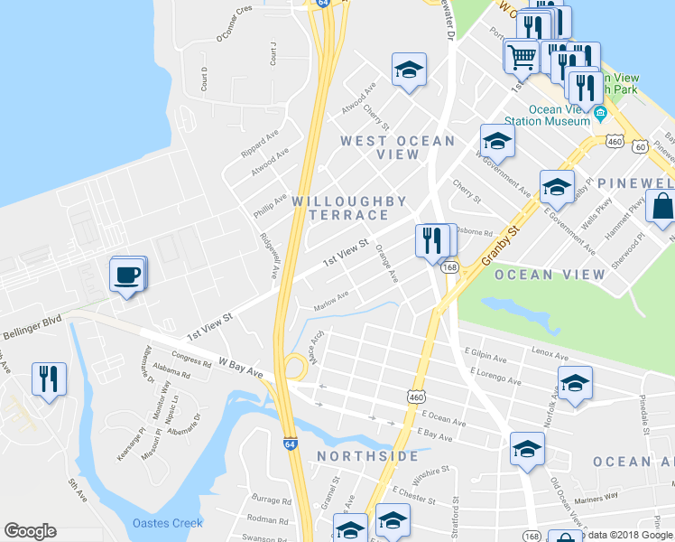 map of restaurants, bars, coffee shops, grocery stores, and more near 9233 1st View Street in Norfolk