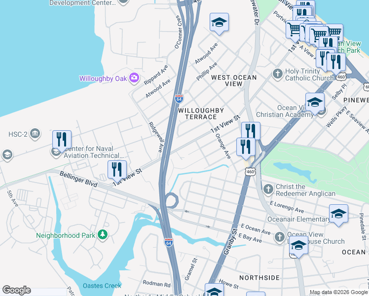 map of restaurants, bars, coffee shops, grocery stores, and more near 9233 1st View Street in Norfolk