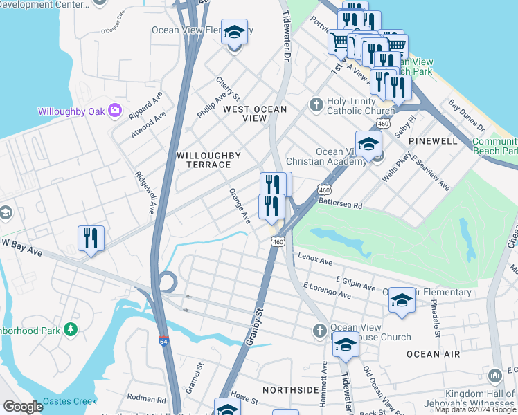 map of restaurants, bars, coffee shops, grocery stores, and more near 9321 Chelsea Avenue in Norfolk