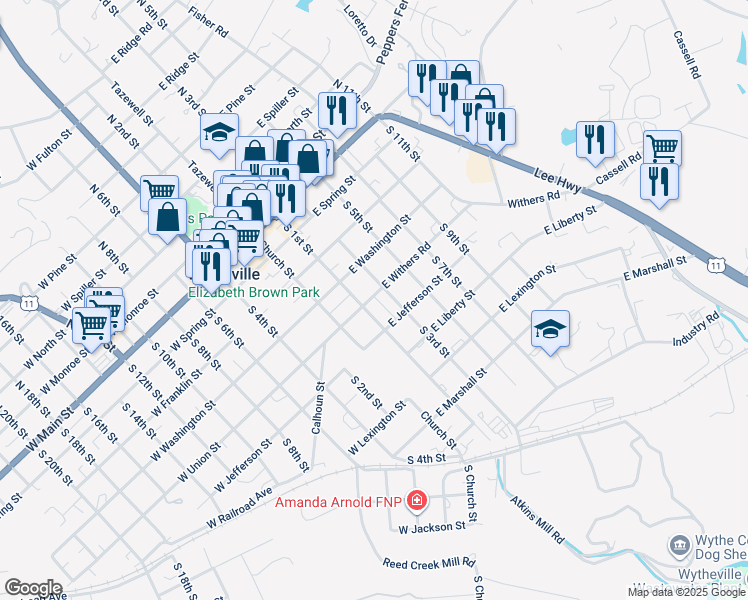 map of restaurants, bars, coffee shops, grocery stores, and more near 255 East Withers Road in Wytheville