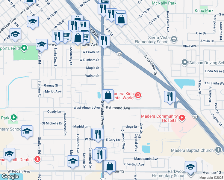 map of restaurants, bars, coffee shops, grocery stores, and more near 212 El Dorado Drive in Madera