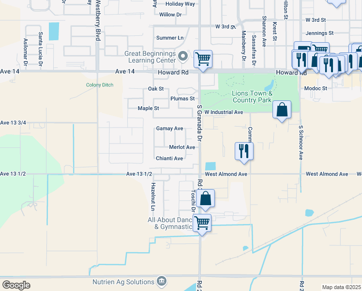 map of restaurants, bars, coffee shops, grocery stores, and more near 530 Barbera Avenue in Madera
