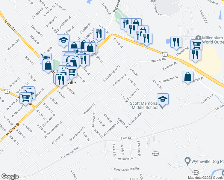 map of restaurants, bars, coffee shops, grocery stores, and more near 255 East Withers Road in Wytheville