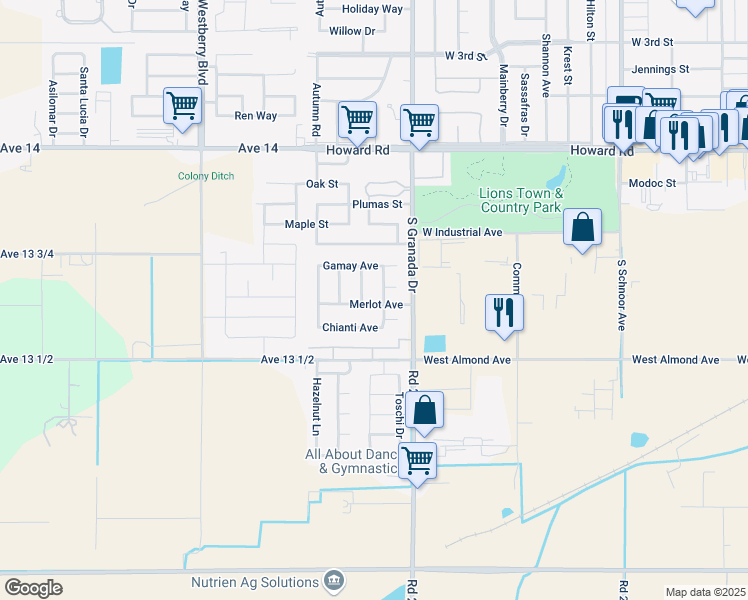 map of restaurants, bars, coffee shops, grocery stores, and more near 530 Barbera Avenue in Madera