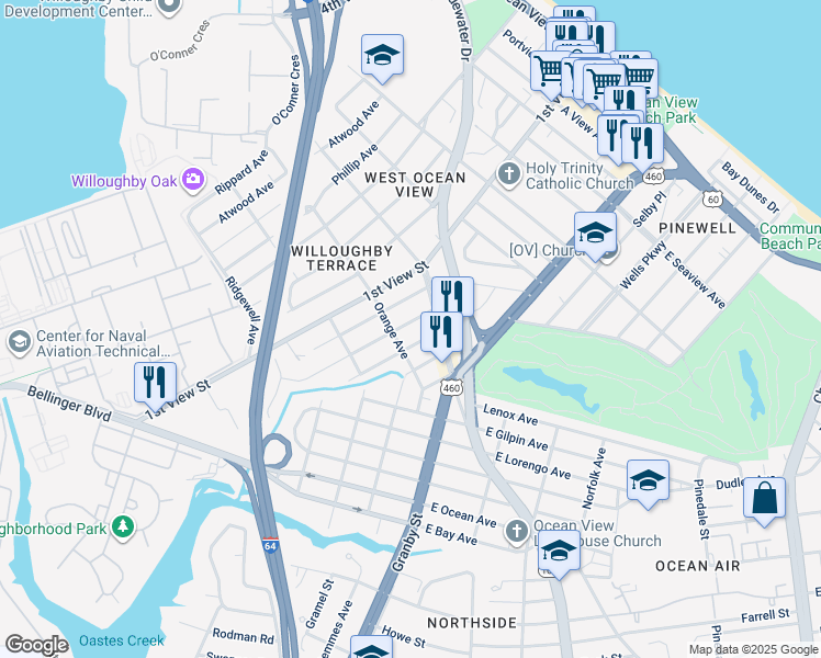 map of restaurants, bars, coffee shops, grocery stores, and more near 9312 Marlow Avenue in Norfolk