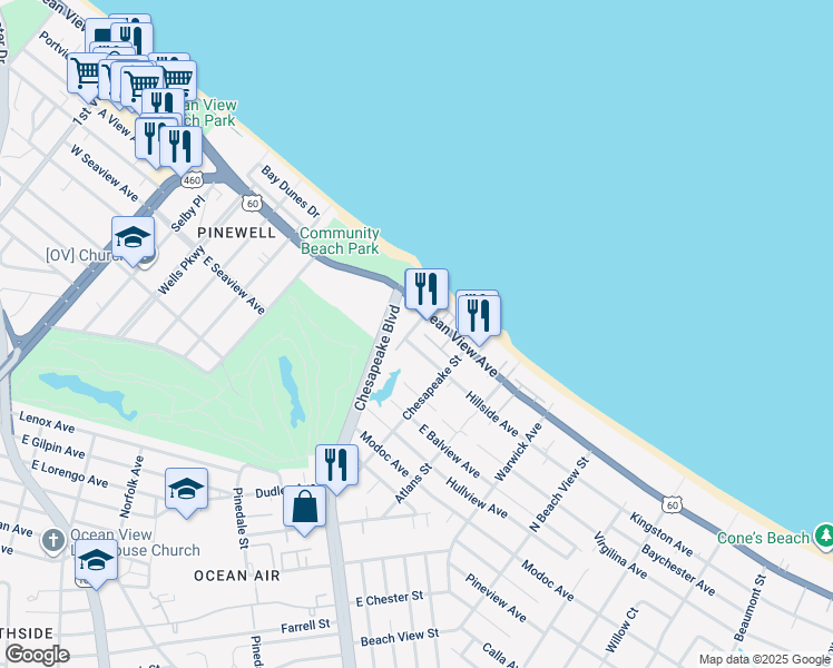 map of restaurants, bars, coffee shops, grocery stores, and more near 905 East Ocean View Avenue in Norfolk