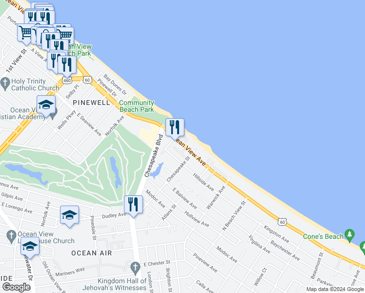 map of restaurants, bars, coffee shops, grocery stores, and more near 921 East Ocean View Avenue in Norfolk