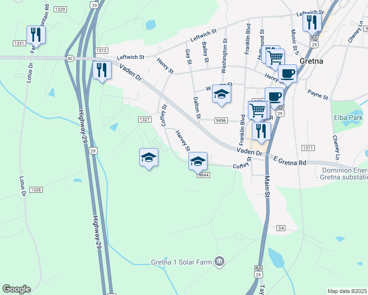 map of restaurants, bars, coffee shops, grocery stores, and more near 103 Harvey Street in Gretna