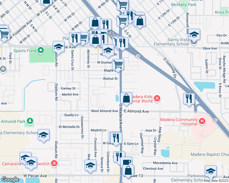 map of restaurants, bars, coffee shops, grocery stores, and more near 594 South Madera Avenue in Madera