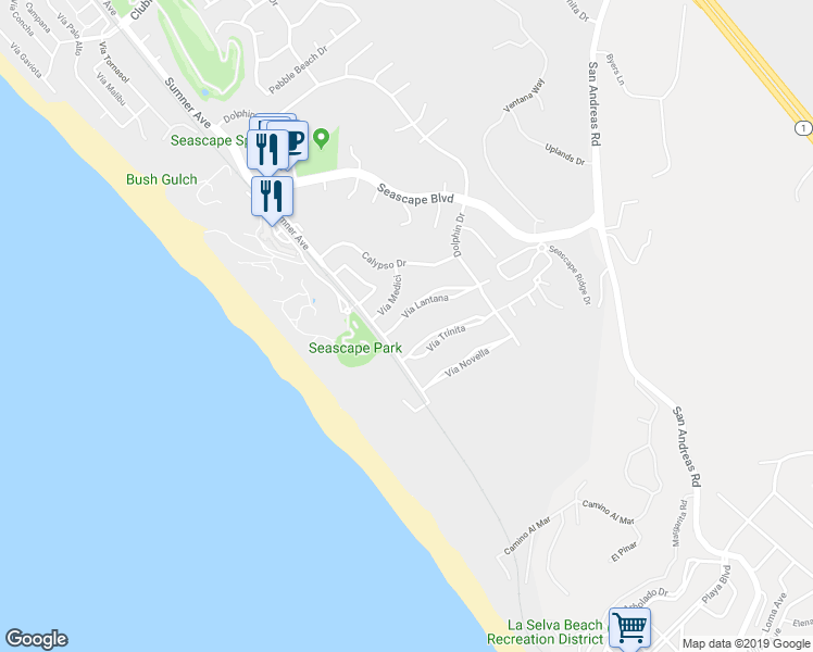 map of restaurants, bars, coffee shops, grocery stores, and more near 126 Vía Lantana in Aptos