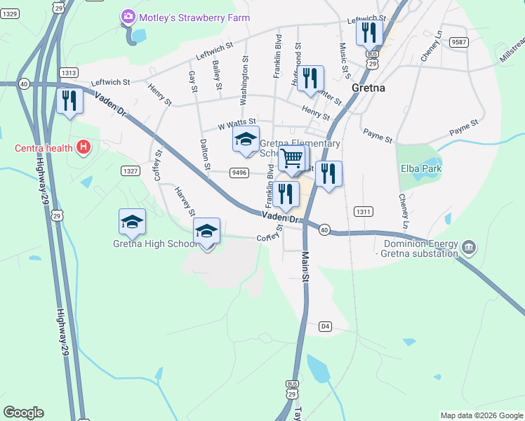 map of restaurants, bars, coffee shops, grocery stores, and more near 408 Franklin Blvd in Gretna