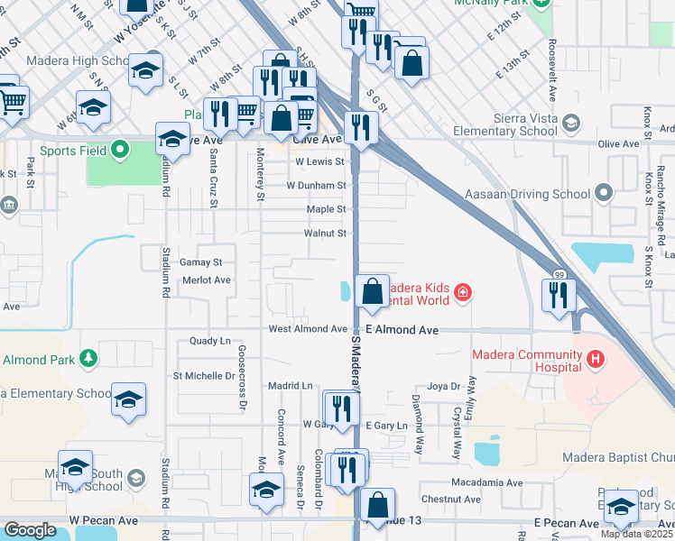 map of restaurants, bars, coffee shops, grocery stores, and more near 594 South Madera Avenue in Madera