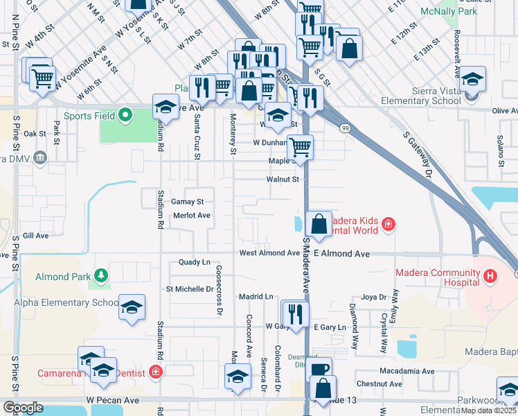 map of restaurants, bars, coffee shops, grocery stores, and more near 501 Monterey Street in Madera