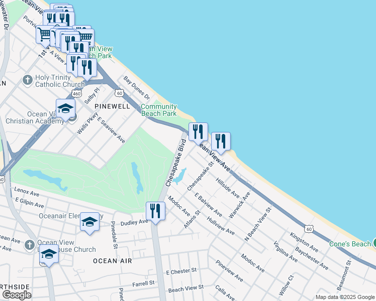 map of restaurants, bars, coffee shops, grocery stores, and more near 9620 Chesapeake Boulevard in Norfolk