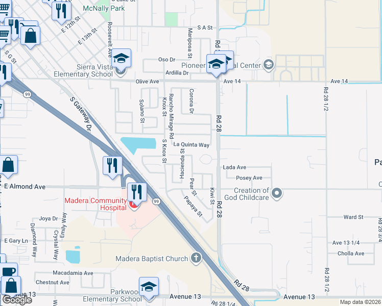 map of restaurants, bars, coffee shops, grocery stores, and more near 1417 Apple Street in Madera