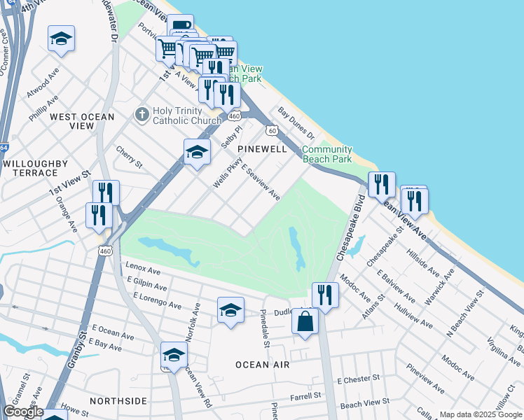 map of restaurants, bars, coffee shops, grocery stores, and more near 9525 Norfolk Avenue in Norfolk