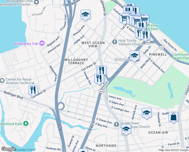 map of restaurants, bars, coffee shops, grocery stores, and more near 9326 Marlow Avenue in Norfolk
