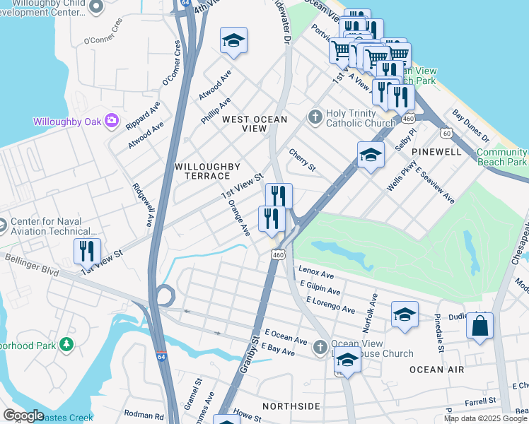 map of restaurants, bars, coffee shops, grocery stores, and more near 9330 Marlow Avenue in Norfolk