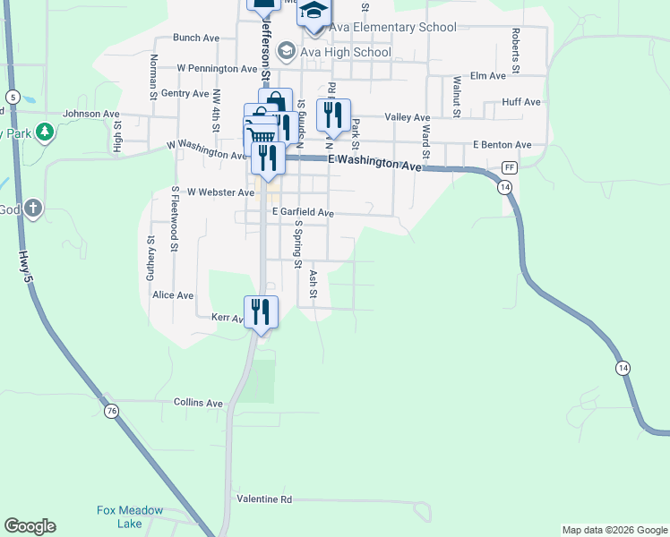 map of restaurants, bars, coffee shops, grocery stores, and more near 409 RR 6 in Ava