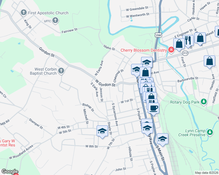 map of restaurants, bars, coffee shops, grocery stores, and more near 26 Blair Park in Corbin