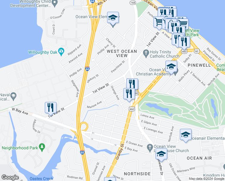 map of restaurants, bars, coffee shops, grocery stores, and more near 175 Orange Avenue in Norfolk