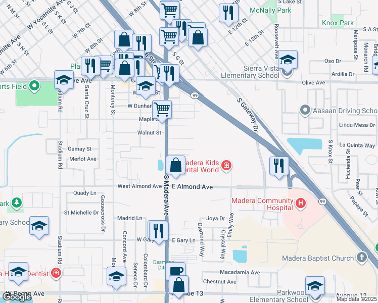 map of restaurants, bars, coffee shops, grocery stores, and more near 212 El Dorado Drive in Madera
