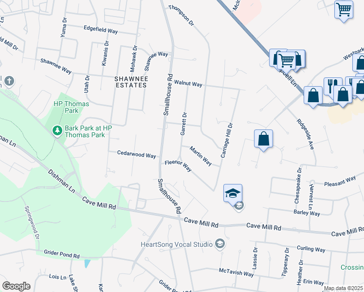 map of restaurants, bars, coffee shops, grocery stores, and more near 1300 Martin Way in Bowling Green