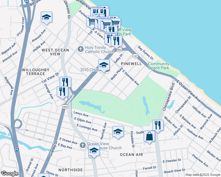 map of restaurants, bars, coffee shops, grocery stores, and more near 9415 Hammett Parkway in Norfolk