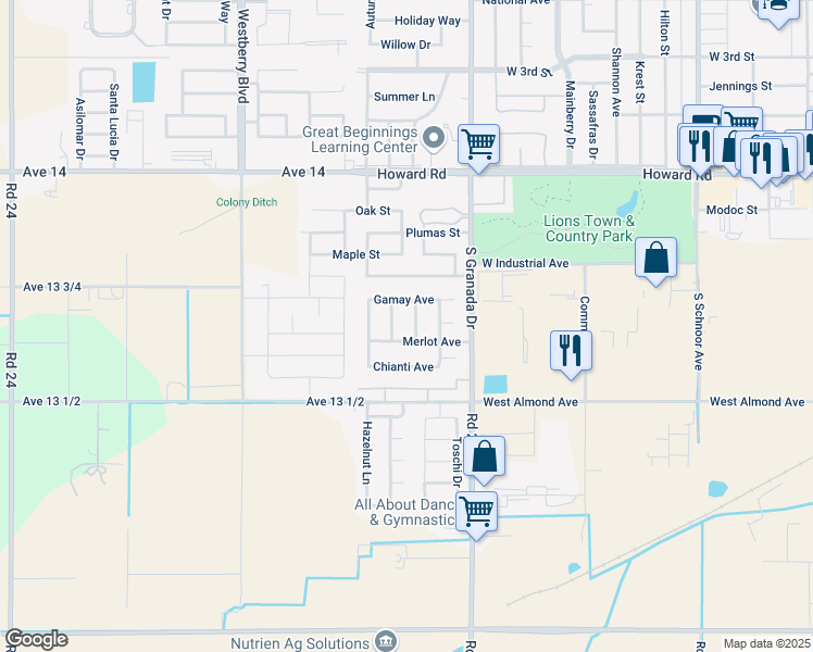 map of restaurants, bars, coffee shops, grocery stores, and more near 530 Barbera Avenue in Madera