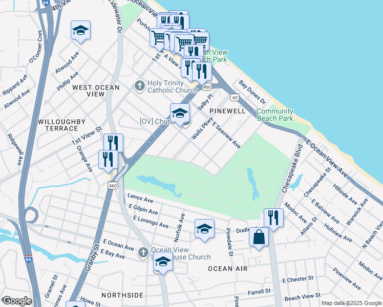 map of restaurants, bars, coffee shops, grocery stores, and more near 9415 Hammett Parkway in Norfolk