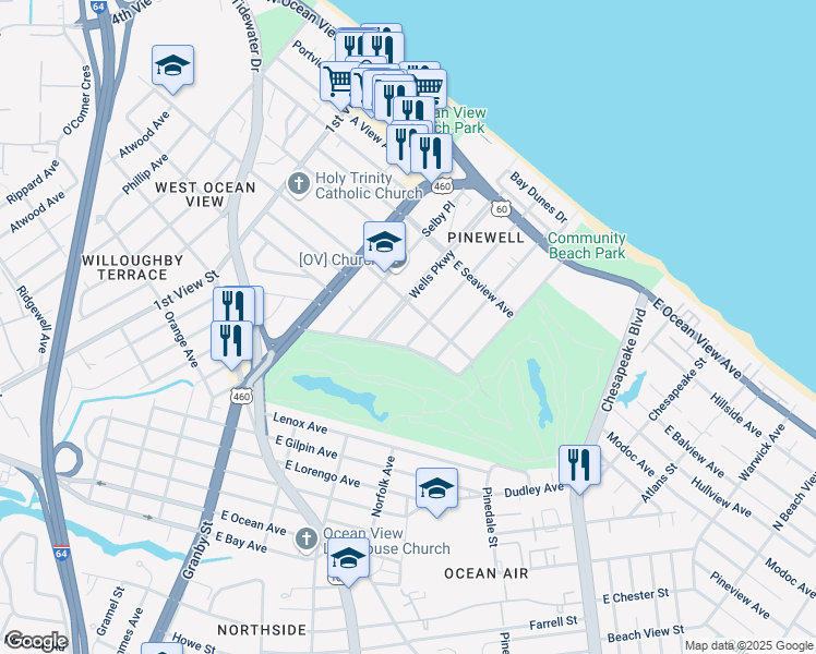 map of restaurants, bars, coffee shops, grocery stores, and more near 9415 Hammett Parkway in Norfolk