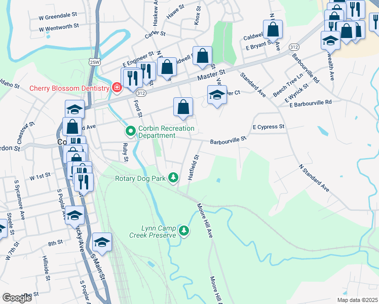 map of restaurants, bars, coffee shops, grocery stores, and more near 225 Hamlin Avenue in Corbin