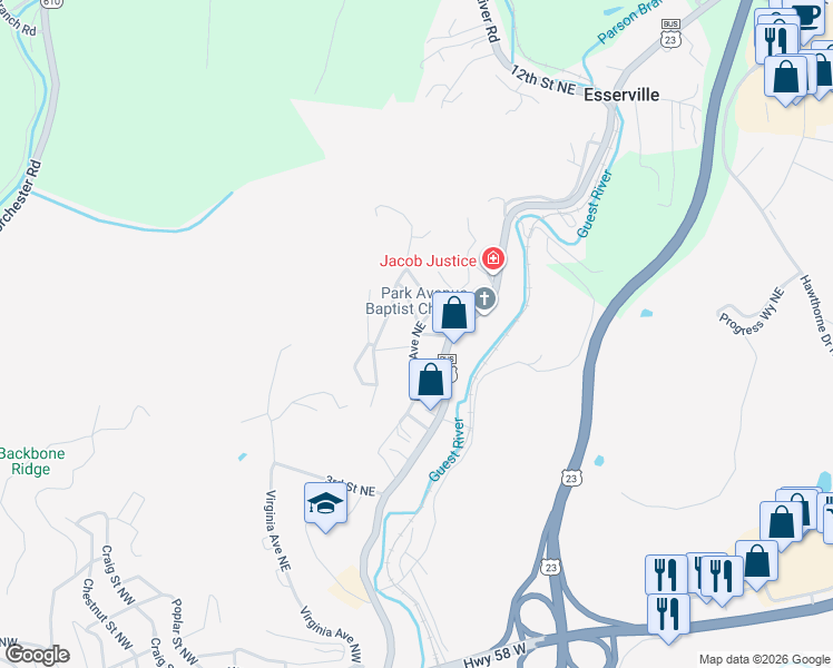map of restaurants, bars, coffee shops, grocery stores, and more near 98 6th St NE in Norton