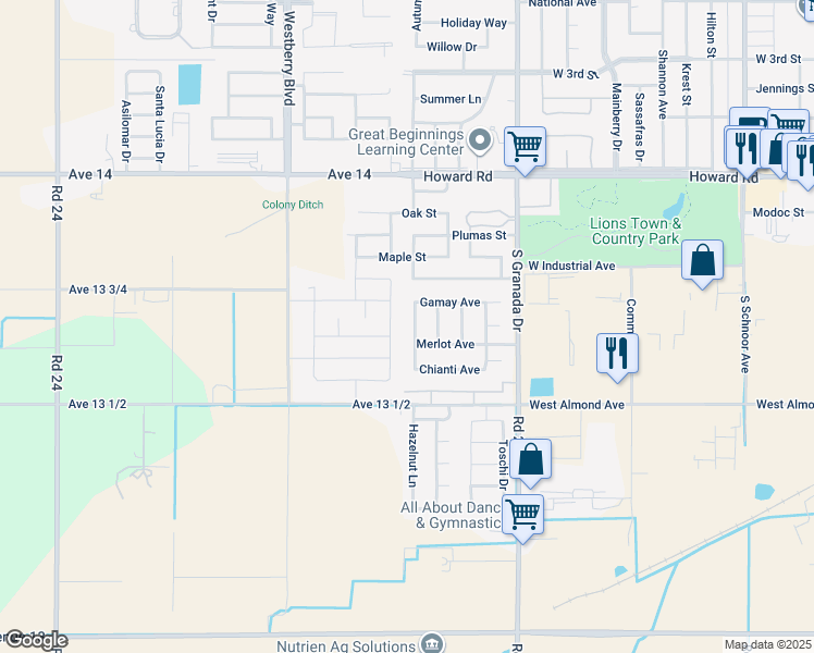 map of restaurants, bars, coffee shops, grocery stores, and more near 526 Grenache Avenue in Madera
