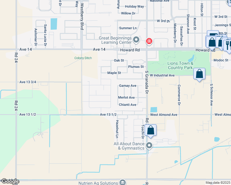 map of restaurants, bars, coffee shops, grocery stores, and more near 526 Grenache Avenue in Madera