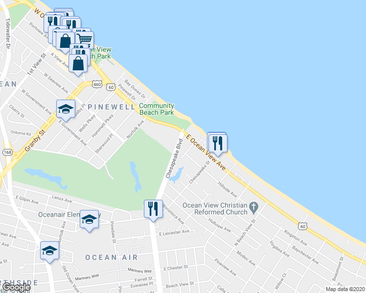 map of restaurants, bars, coffee shops, grocery stores, and more near 9620 Chesapeake Boulevard in Norfolk