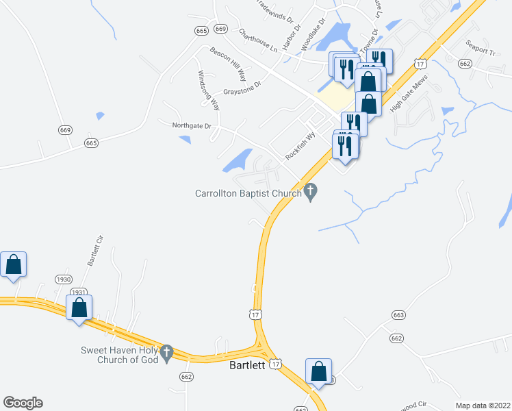 map of restaurants, bars, coffee shops, grocery stores, and more near 1905 James River Trail in Carrollton