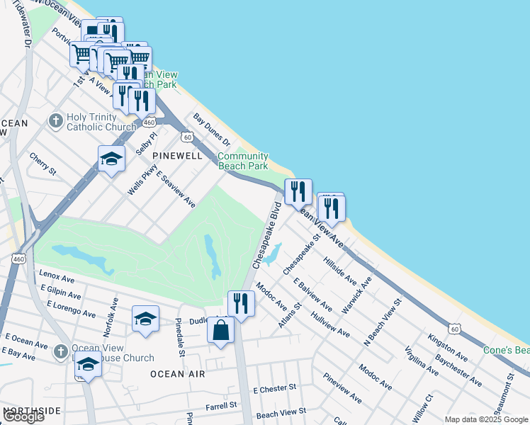 map of restaurants, bars, coffee shops, grocery stores, and more near 9621 Chesapeake Boulevard in Norfolk