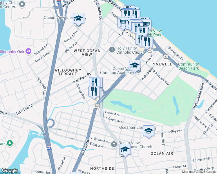 map of restaurants, bars, coffee shops, grocery stores, and more near 9385 Granby Street in Norfolk