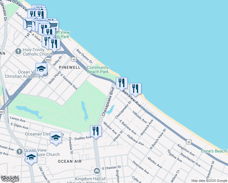 map of restaurants, bars, coffee shops, grocery stores, and more near 9620 Chesapeake Boulevard in Norfolk