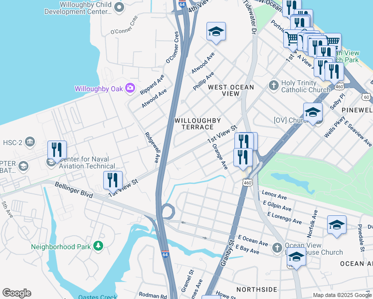 map of restaurants, bars, coffee shops, grocery stores, and more near 9233 1st View Street in Norfolk